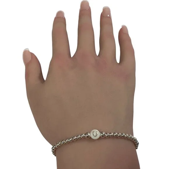 925 Sterling Silver Beaded Stretch Stacking Bracelet MOP Letter Initial U - Picture 6 of 6
